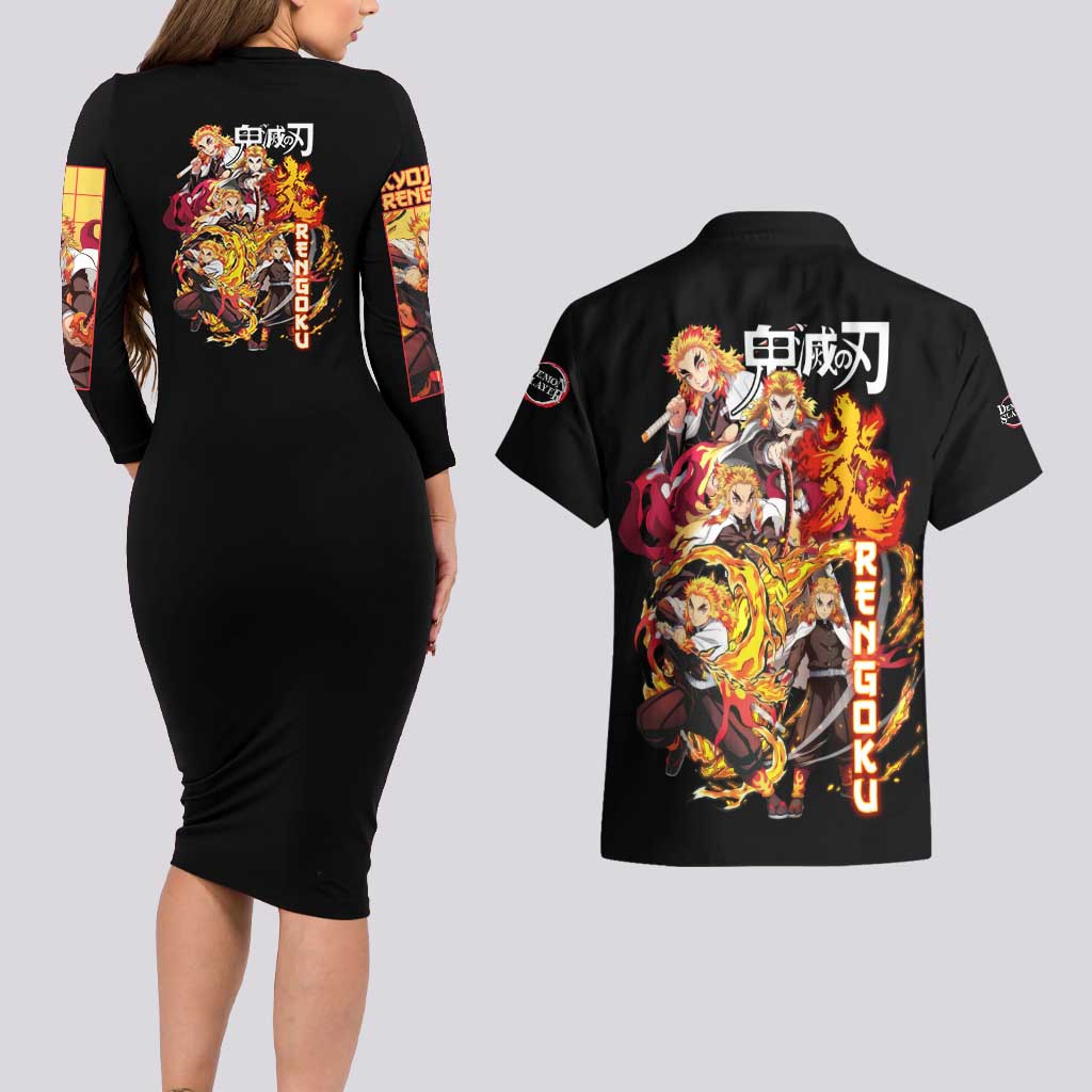 Kyojuro Rengoku V3 Demon Slayer Couples Matching Long Sleeve Bodycon Dress and Hawaiian Shirt Anime Style