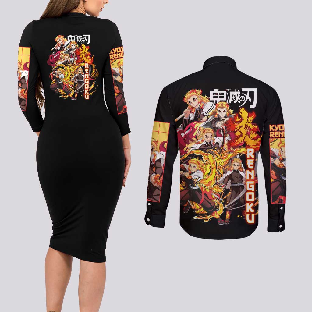 Kyojuro Rengoku V3 Demon Slayer Couples Matching Long Sleeve Bodycon Dress and Long Sleeve Button Shirt Anime Style