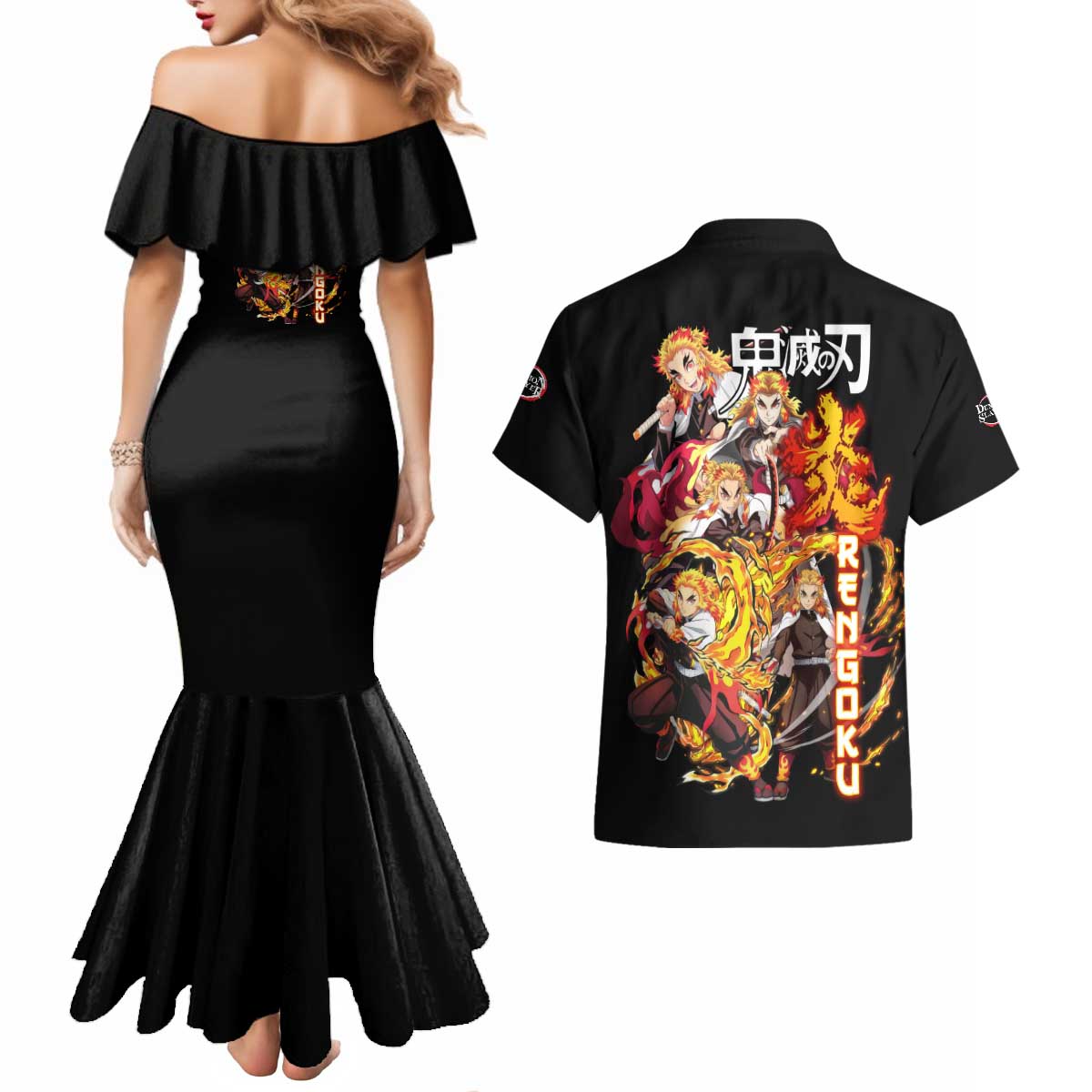 Kyojuro Rengoku V3 Demon Slayer Couples Matching Mermaid Dress and Hawaiian Shirt Anime Style