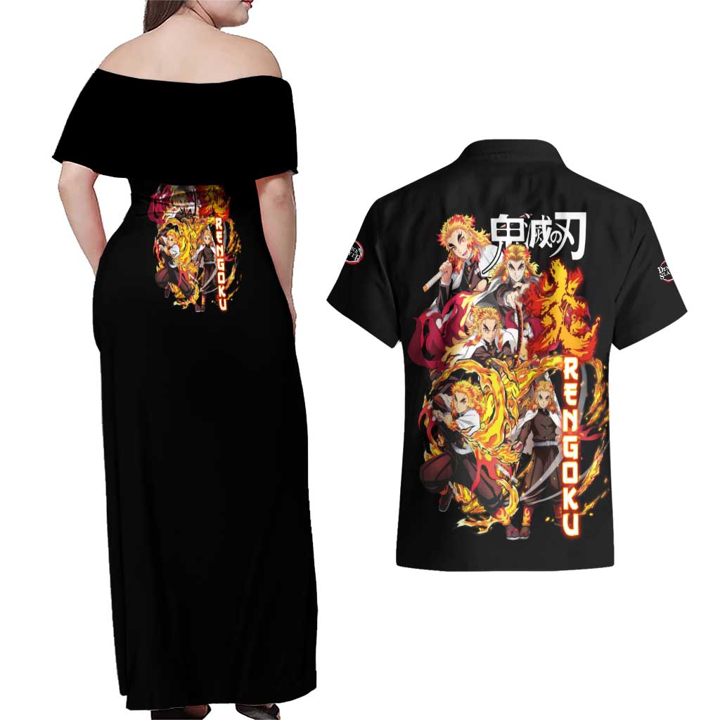 Kyojuro Rengoku V3 Demon Slayer Couples Matching Off Shoulder Maxi Dress and Hawaiian Shirt Anime Style