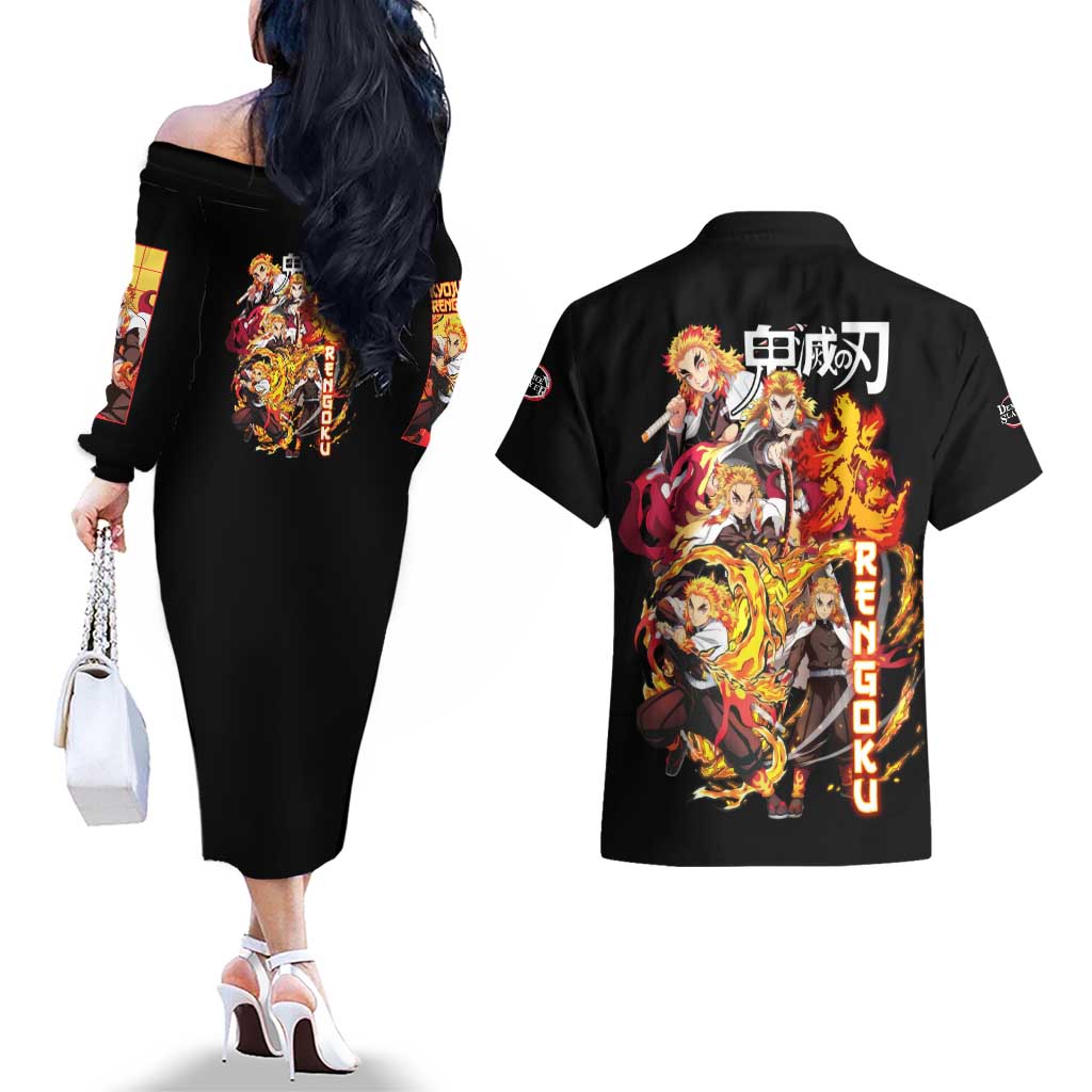 Kyojuro Rengoku V3 Demon Slayer Couples Matching Off The Shoulder Long Sleeve Dress and Hawaiian Shirt Anime Style