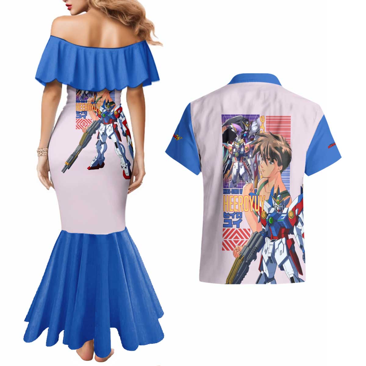 Heero Yuya x Wing Zero Gundam Wing Endless Waltz Couples Matching Mermaid Dress and Hawaiian Shirt Anime Style