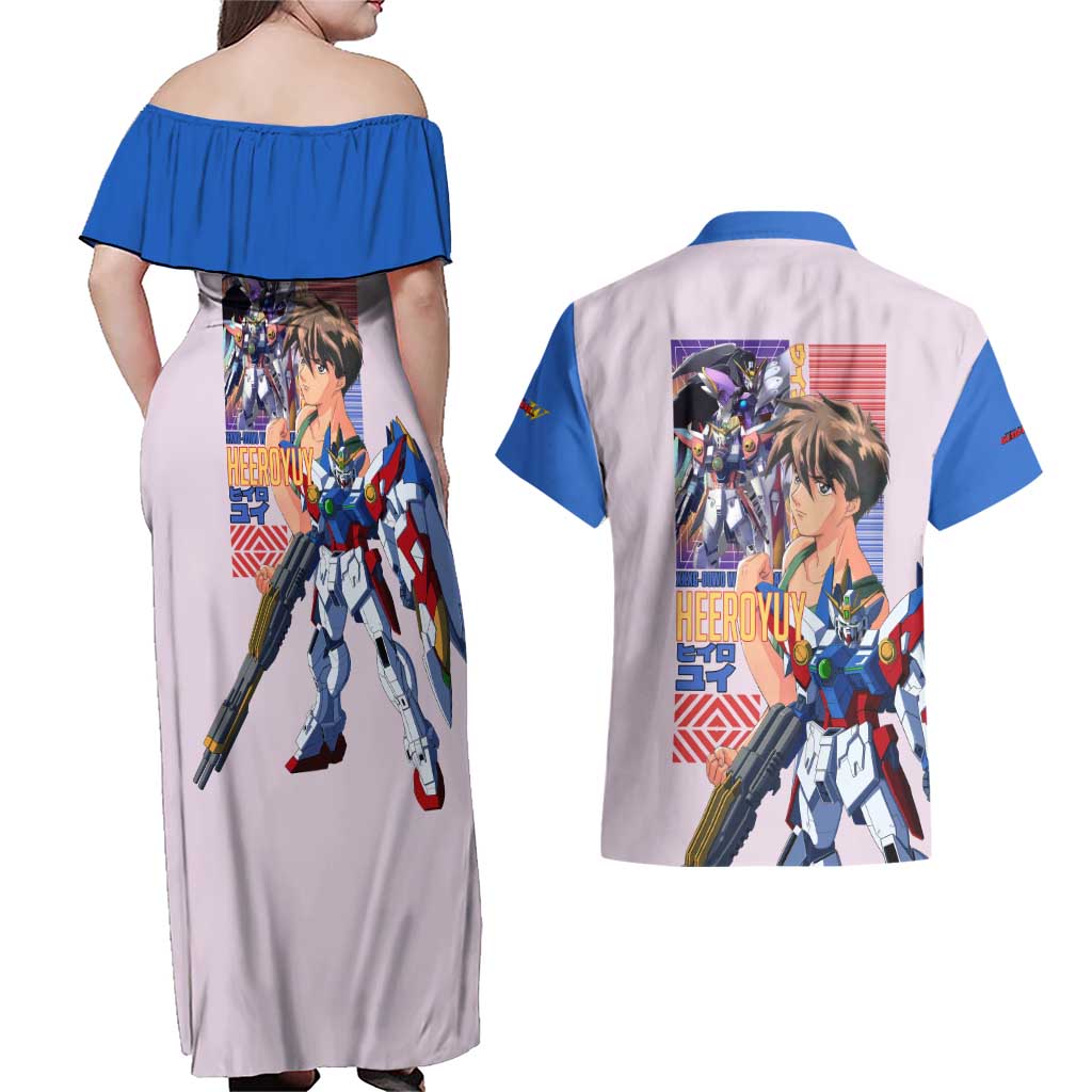 Heero Yuya x Wing Zero Gundam Wing Endless Waltz Couples Matching Off Shoulder Maxi Dress and Hawaiian Shirt Anime Style