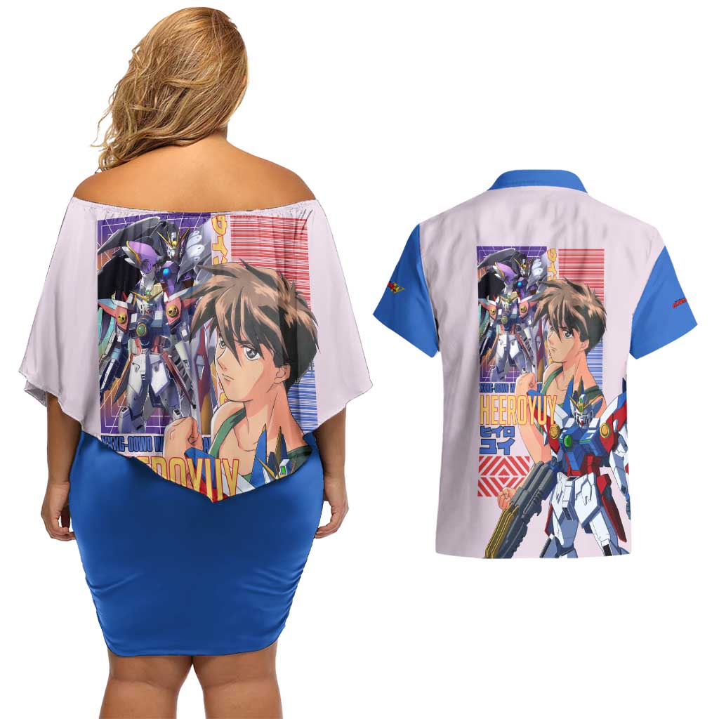 Heero Yuya x Wing Zero Gundam Wing Endless Waltz Couples Matching Off Shoulder Short Dress and Hawaiian Shirt Anime Style