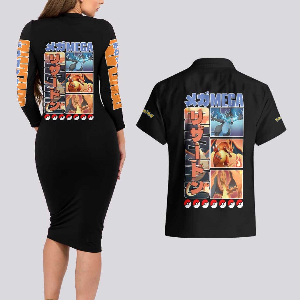 Charizard Poke Couples Matching Long Sleeve Bodycon Dress and Hawaiian Shirt Anime Style