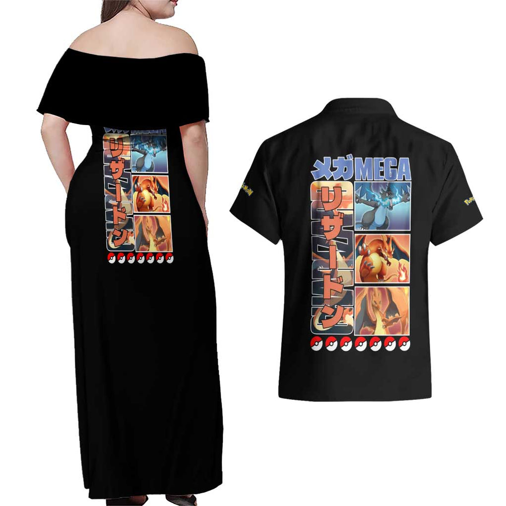 Charizard Poke Couples Matching Off Shoulder Maxi Dress and Hawaiian Shirt Anime Style