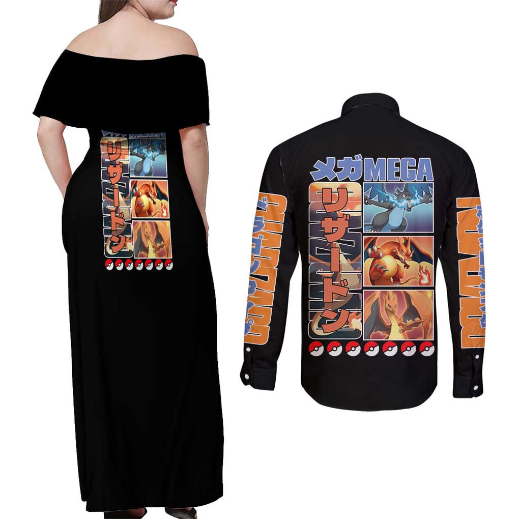 Charizard Poke Couples Matching Off Shoulder Maxi Dress and Long Sleeve Button Shirt Anime Style
