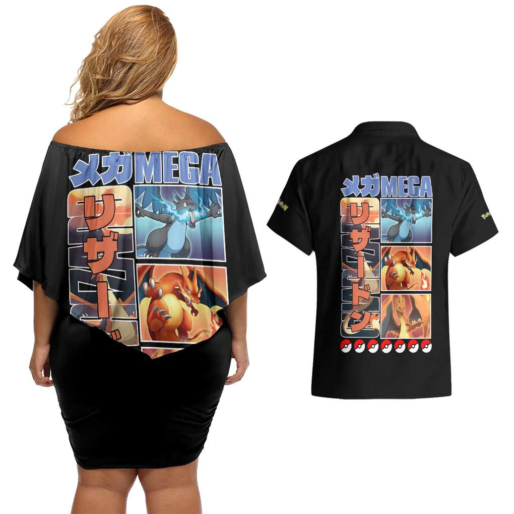 Charizard Poke Couples Matching Off Shoulder Short Dress and Hawaiian Shirt Anime Style