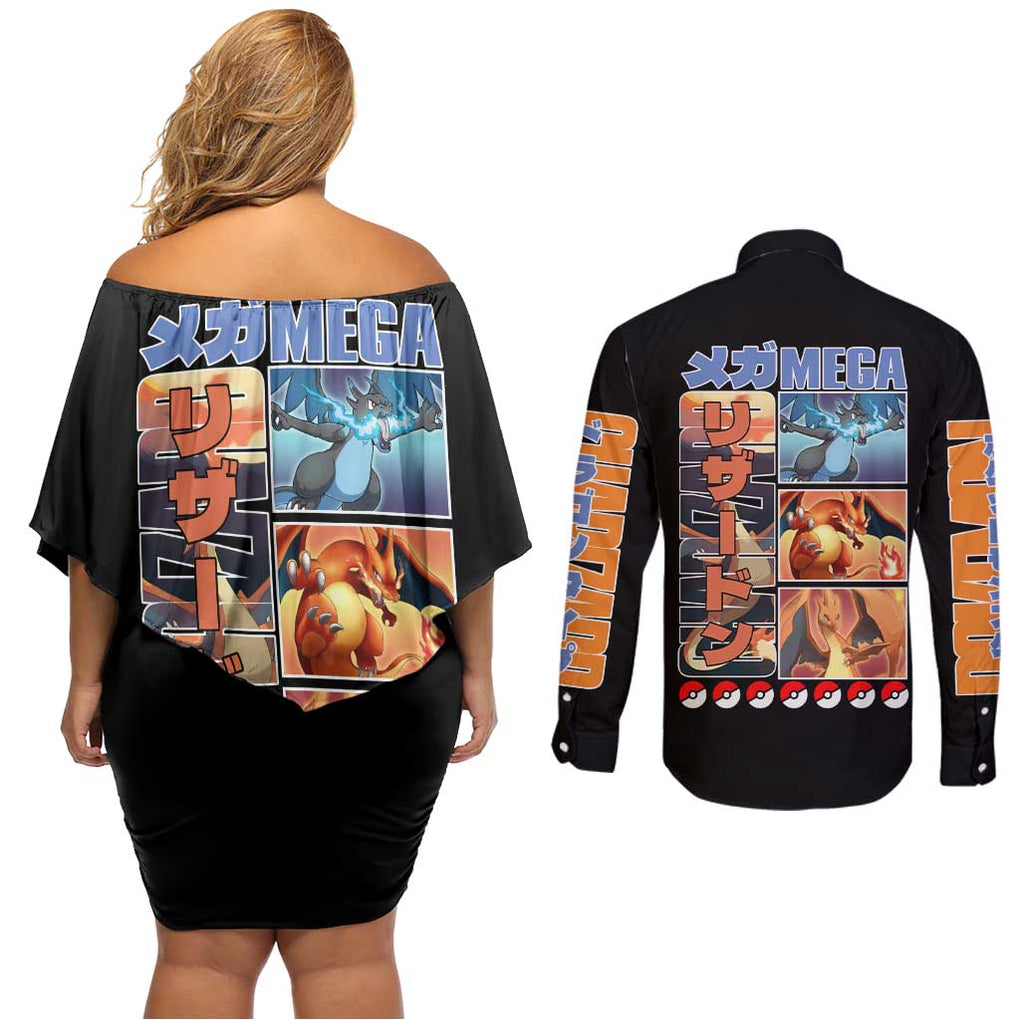 Charizard Poke Couples Matching Off Shoulder Short Dress and Long Sleeve Button Shirt Anime Style