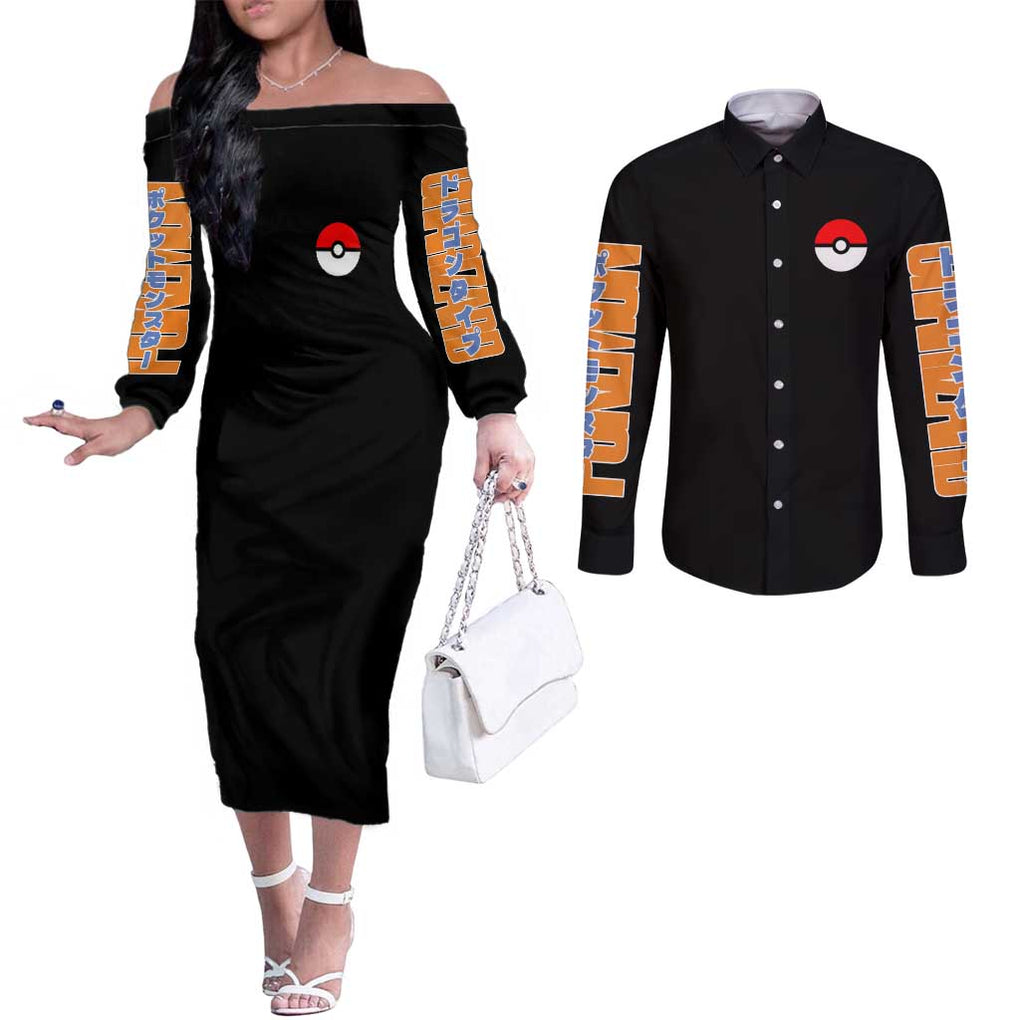 Charizard Poke Couples Matching Off The Shoulder Long Sleeve Dress and Long Sleeve Button Shirt Anime Style