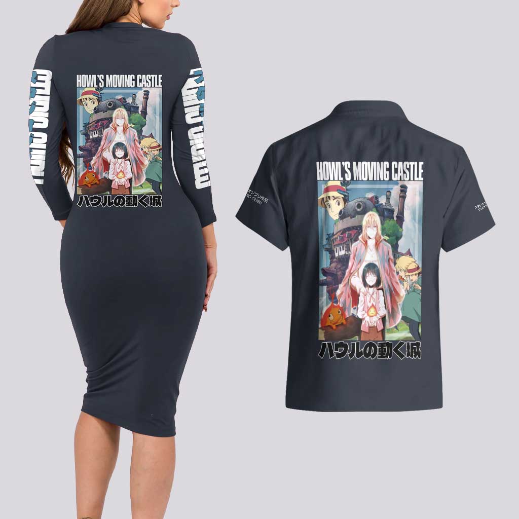Howl’s Moving Castle Studio Ghibli Couples Matching Long Sleeve Bodycon Dress and Hawaiian Shirt Anime Style