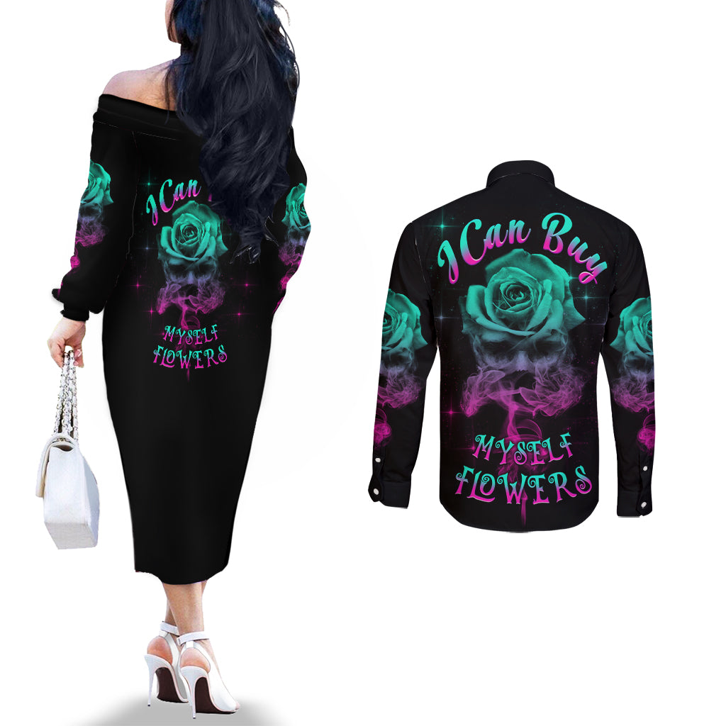 i-can-buy-myself-flowers-smoke-rose-skull-couples-matching-off-the-shoulder-long-sleeve-dress-and-long-sleeve-button-shirt