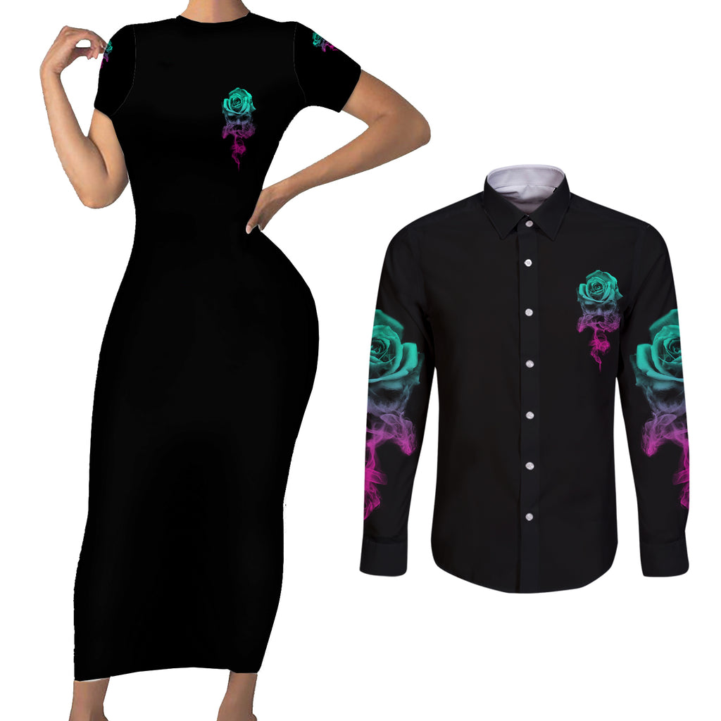 i-can-buy-myself-flowers-smoke-rose-skull-couples-matching-short-sleeve-bodycon-dress-and-long-sleeve-button-shirt