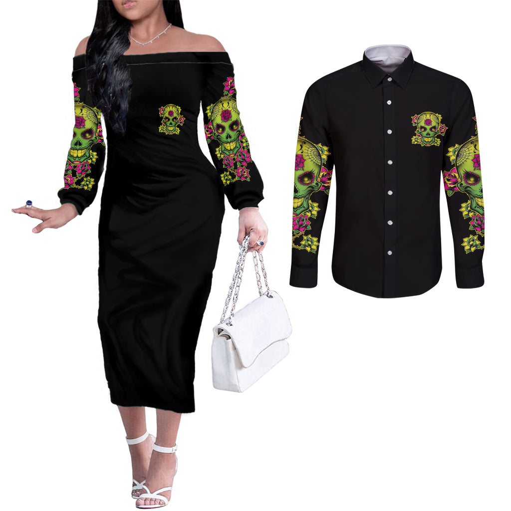 warning-this-tattooed-girl-flower-sugar-skull-couples-matching-off-the-shoulder-long-sleeve-dress-and-long-sleeve-button-shirt