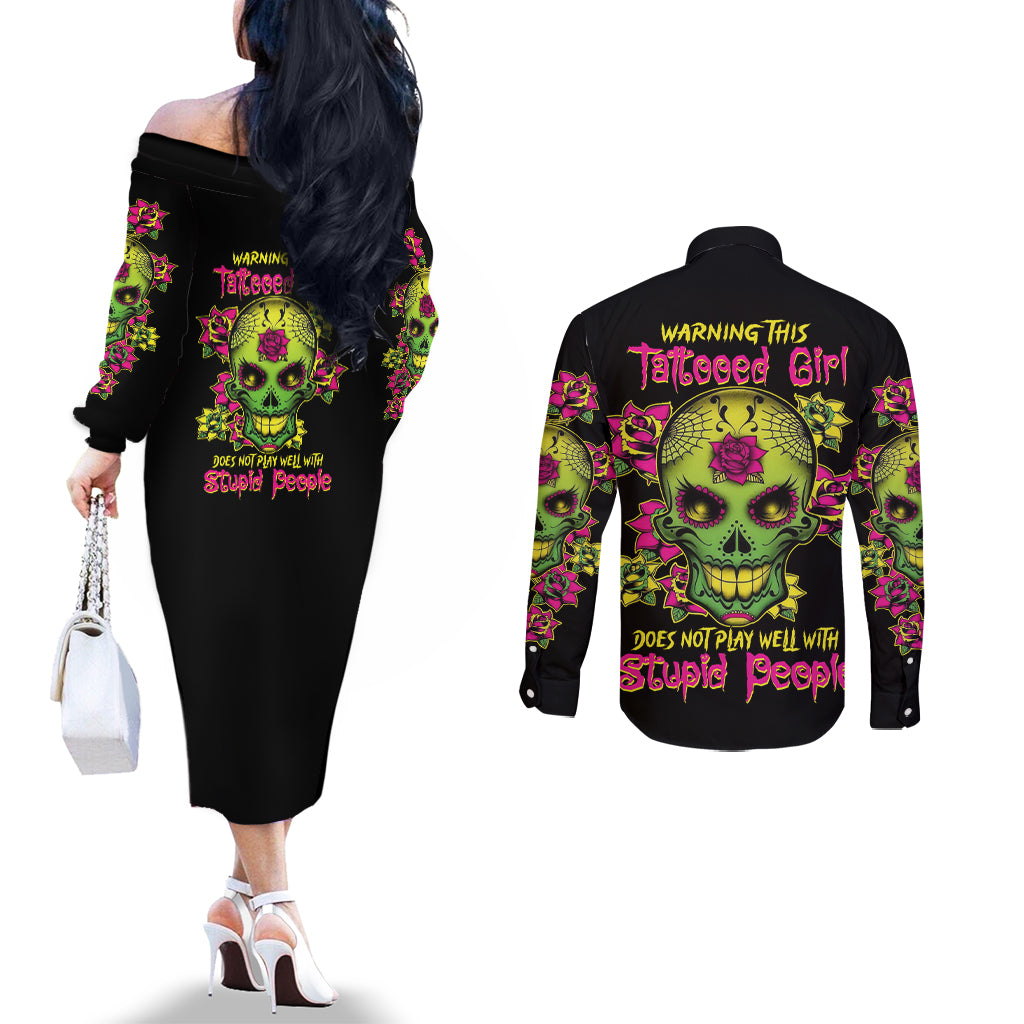warning-this-tattooed-girl-flower-sugar-skull-couples-matching-off-the-shoulder-long-sleeve-dress-and-long-sleeve-button-shirt