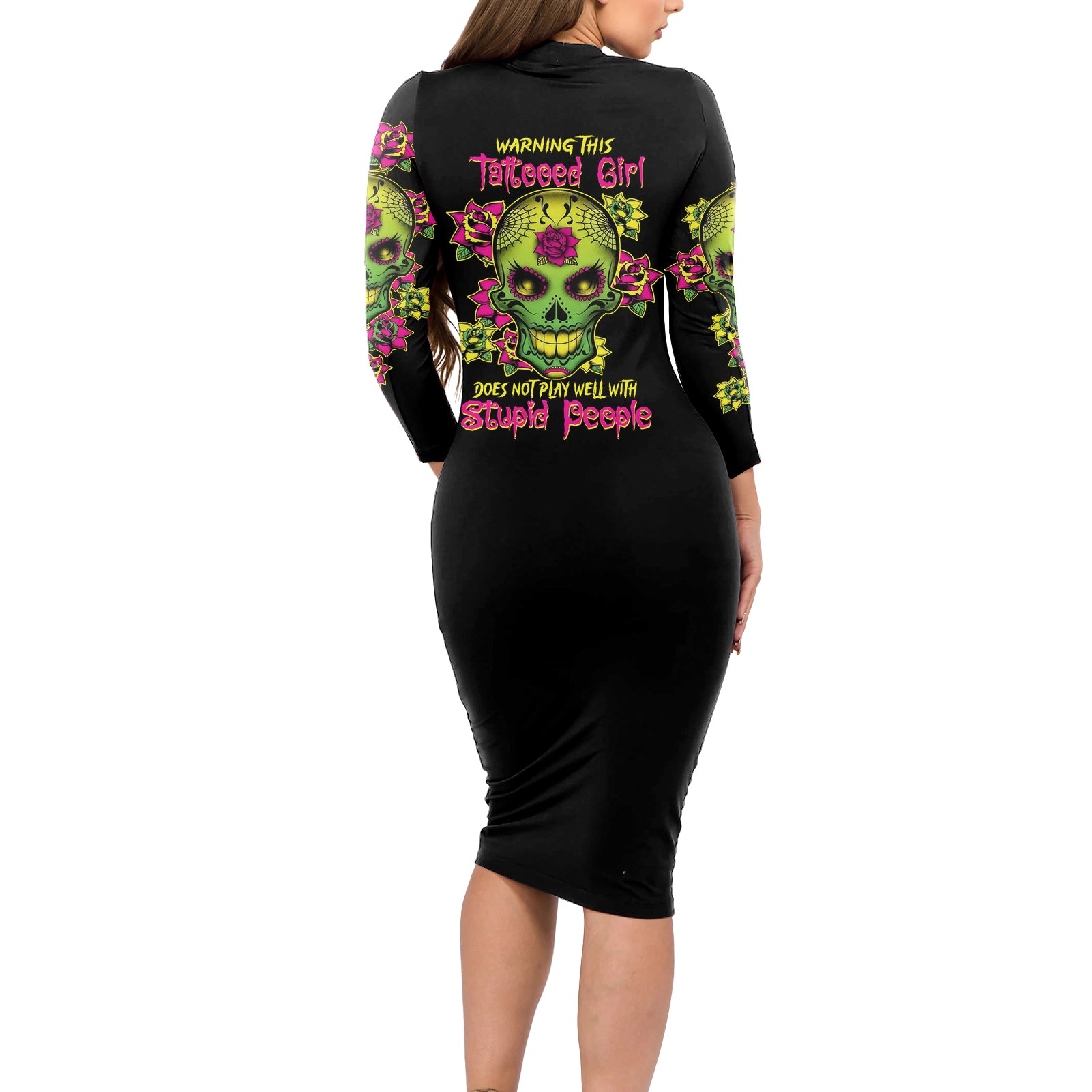 warning-this-tattooed-girl-flower-sugar-skull-long-sleeve-bodycon-dress