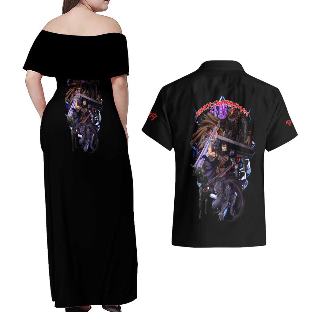 Guts V4 Berserk Couples Matching Off Shoulder Maxi Dress and Hawaiian Shirt Anime Style