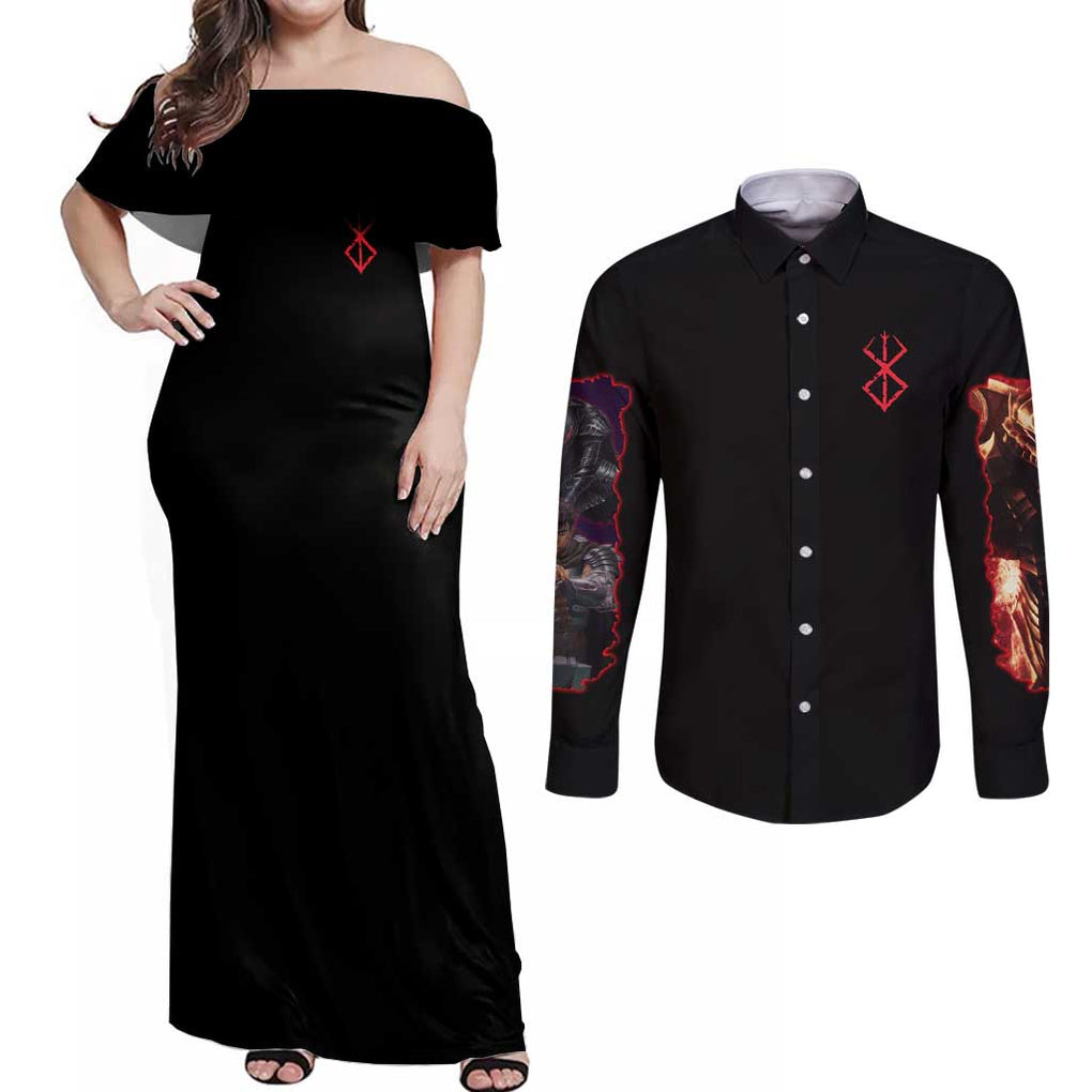 Guts V4 Berserk Couples Matching Off Shoulder Maxi Dress and Long Sleeve Button Shirt Anime Style
