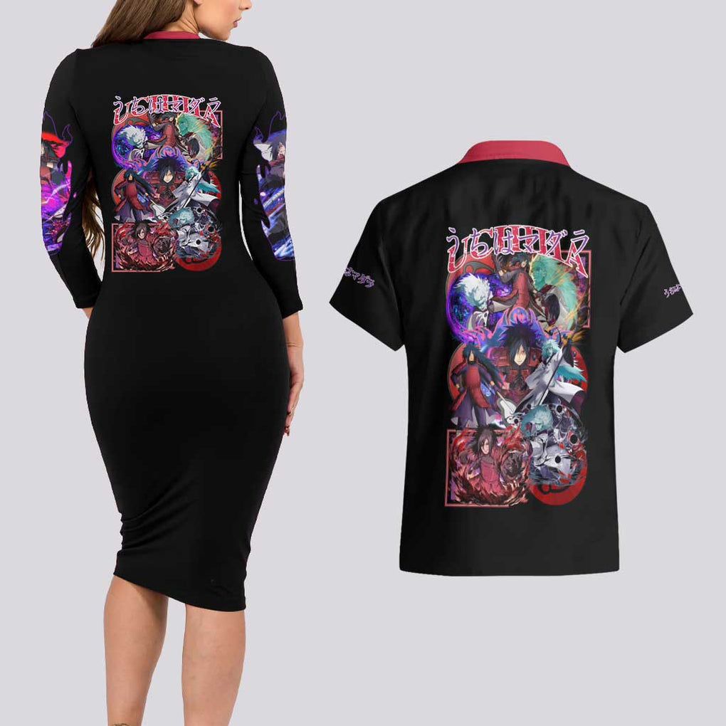 Uchiha Madara V3 Naruto Couples Matching Long Sleeve Bodycon Dress and Hawaiian Shirt Anime Style