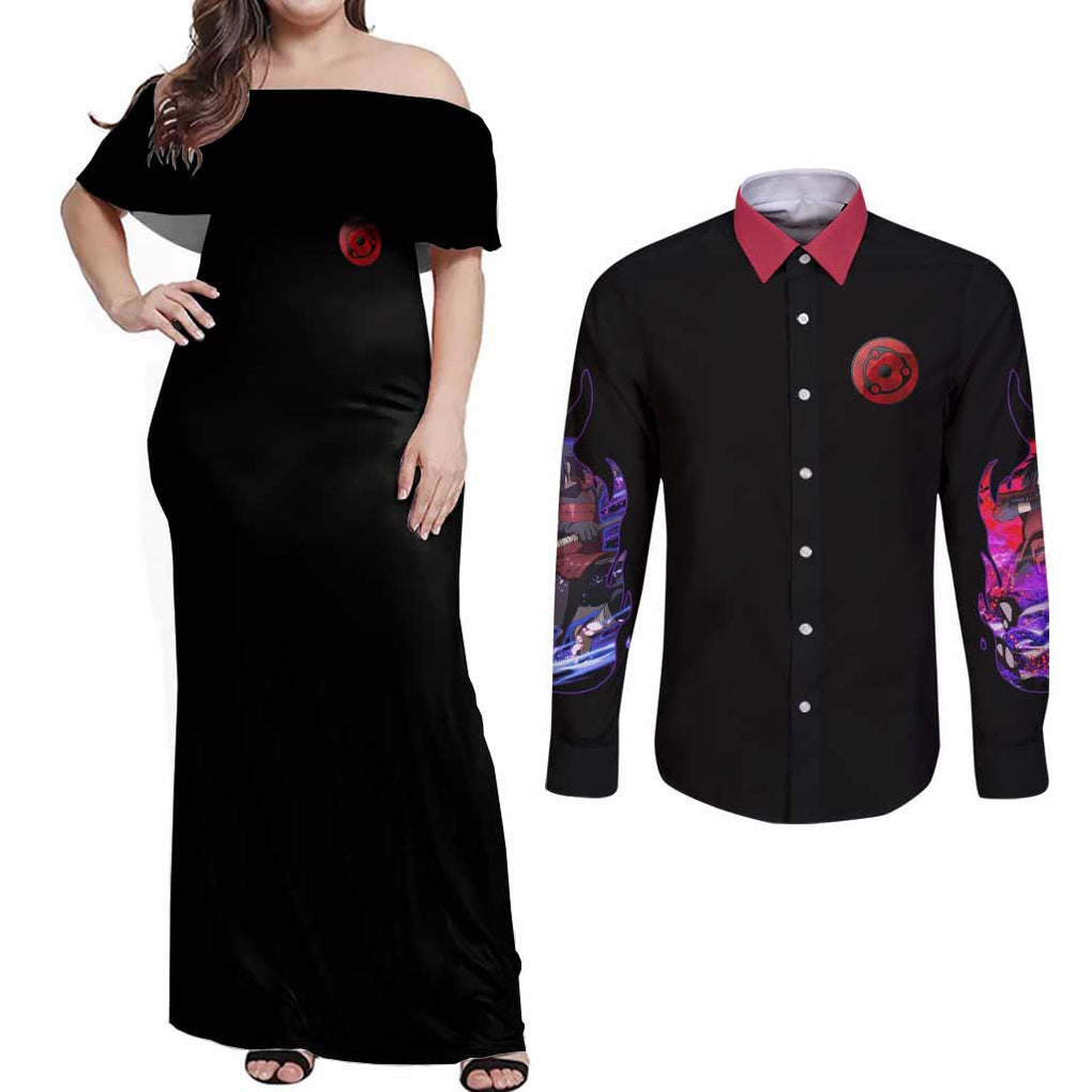 Uchiha Madara V3 Naruto Couples Matching Off Shoulder Maxi Dress and Long Sleeve Button Shirt Anime Style