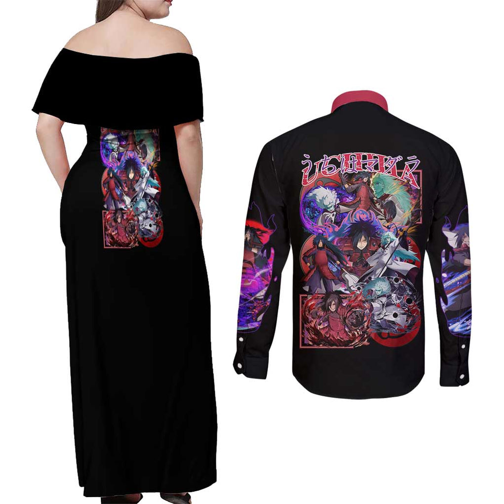 Uchiha Madara V3 Naruto Couples Matching Off Shoulder Maxi Dress and Long Sleeve Button Shirt Anime Style