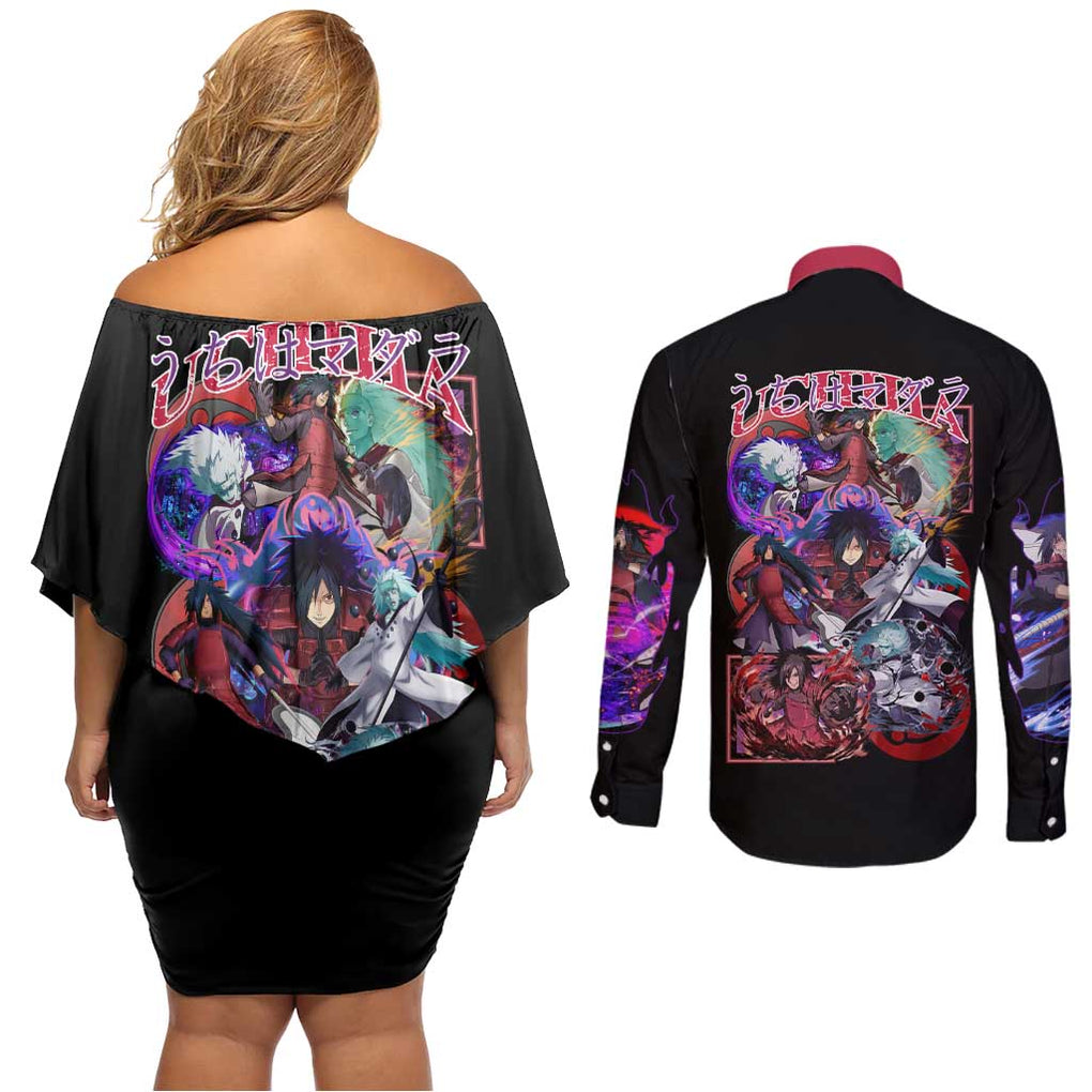 Uchiha Madara V3 Naruto Couples Matching Off Shoulder Short Dress and Long Sleeve Button Shirt Anime Style