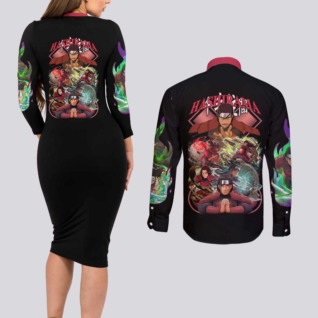 Hashirama Senju V3 Naruto Couples Matching Long Sleeve Bodycon Dress and Long Sleeve Button Shirt Anime Style