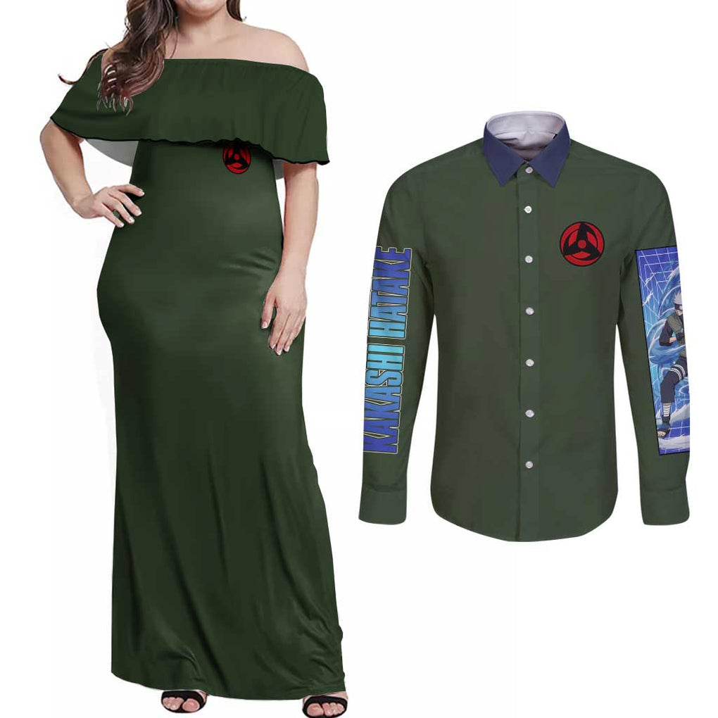 Hatake Kakashi V2 Naruto Couples Matching Off Shoulder Maxi Dress and Long Sleeve Button Shirt Anime Style