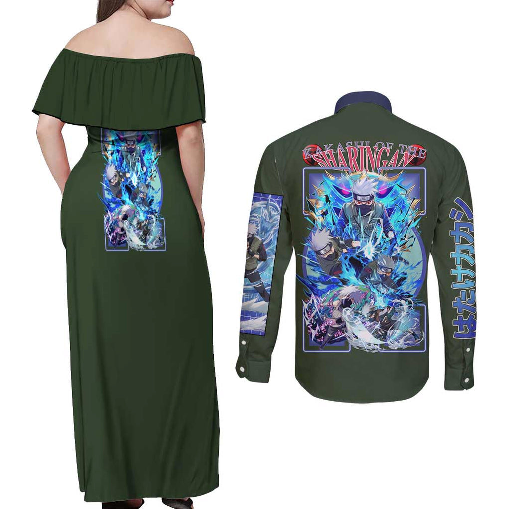 Hatake Kakashi V2 Naruto Couples Matching Off Shoulder Maxi Dress and Long Sleeve Button Shirt Anime Style
