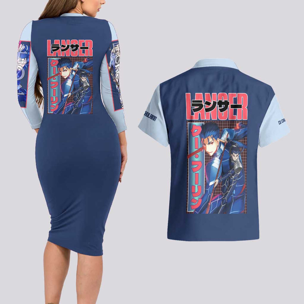 Lancer Fate Stay Night Unlimited Blade Works Couples Matching Long Sleeve Bodycon Dress and Hawaiian Shirt Anime Style