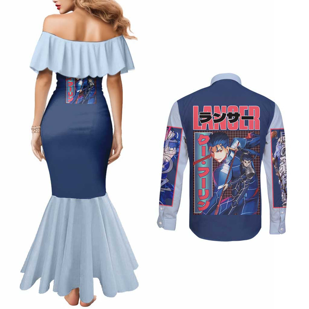 Lancer Fate Stay Night Unlimited Blade Works Couples Matching Mermaid Dress and Long Sleeve Button Shirt Anime Style