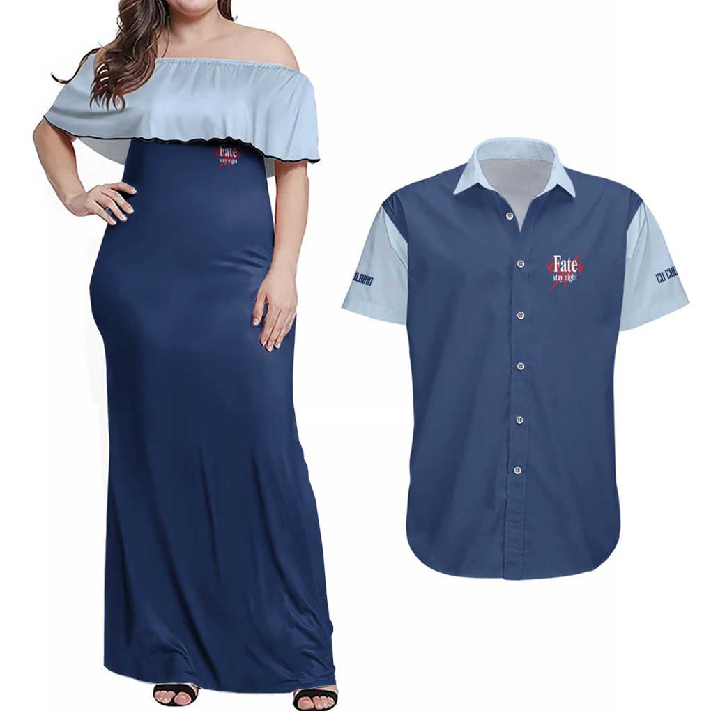 Lancer Fate Stay Night Unlimited Blade Works Couples Matching Off Shoulder Maxi Dress and Hawaiian Shirt Anime Style