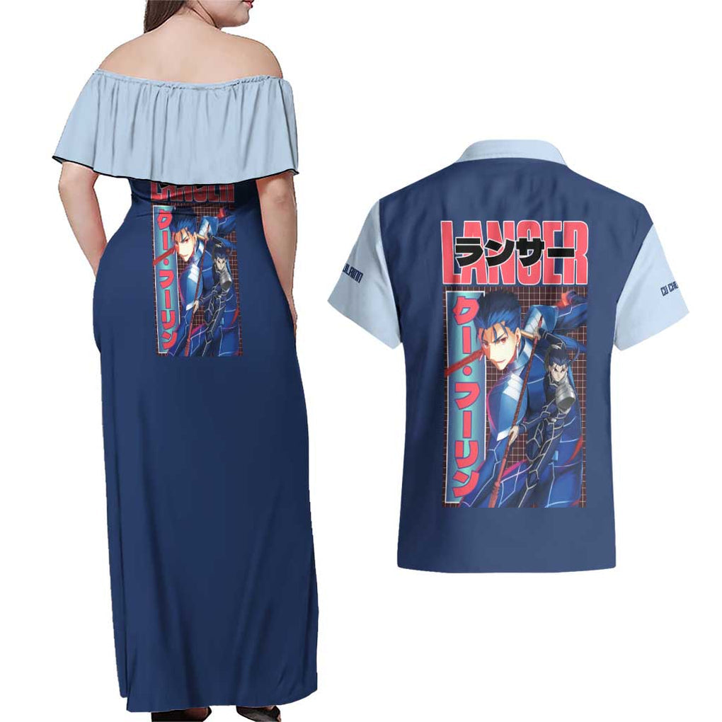 Lancer Fate Stay Night Unlimited Blade Works Couples Matching Off Shoulder Maxi Dress and Hawaiian Shirt Anime Style