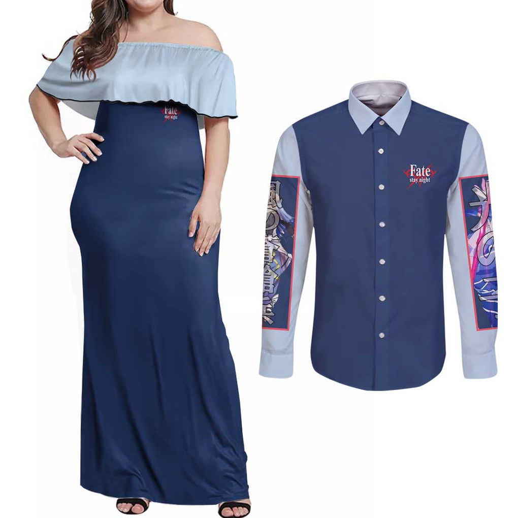 Lancer Fate Stay Night Unlimited Blade Works Couples Matching Off Shoulder Maxi Dress and Long Sleeve Button Shirt Anime Style