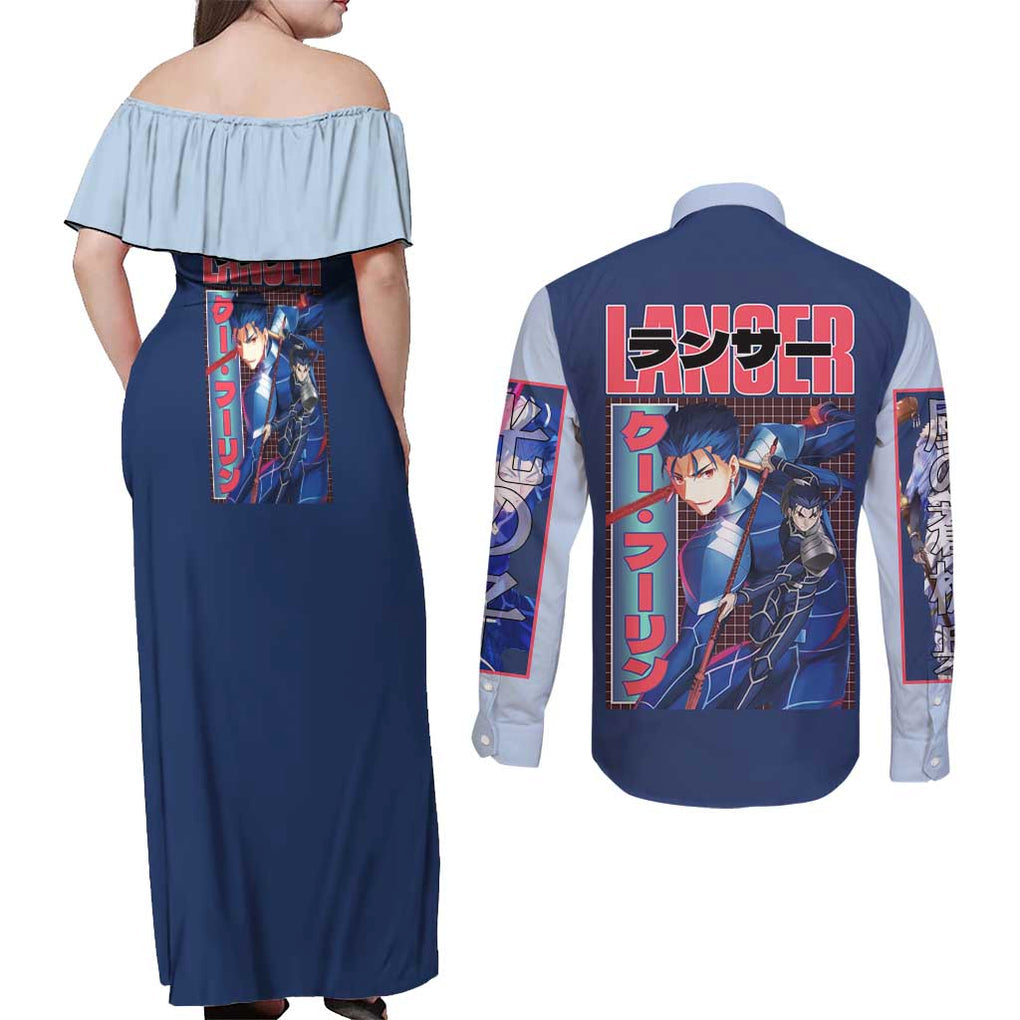 Lancer Fate Stay Night Unlimited Blade Works Couples Matching Off Shoulder Maxi Dress and Long Sleeve Button Shirt Anime Style