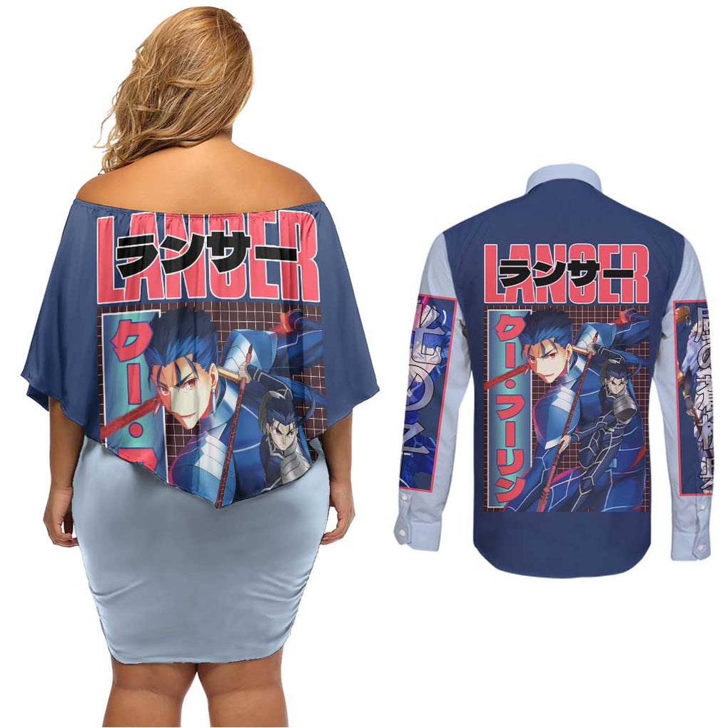 Lancer Fate Stay Night Unlimited Blade Works Couples Matching Off Shoulder Short Dress and Long Sleeve Button Shirt Anime Style