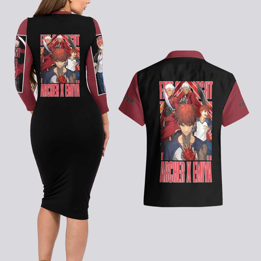 Archer x Emiya Fate Stay Night Unlimited Blade Works Couples Matching Long Sleeve Bodycon Dress and Hawaiian Shirt Anime Style