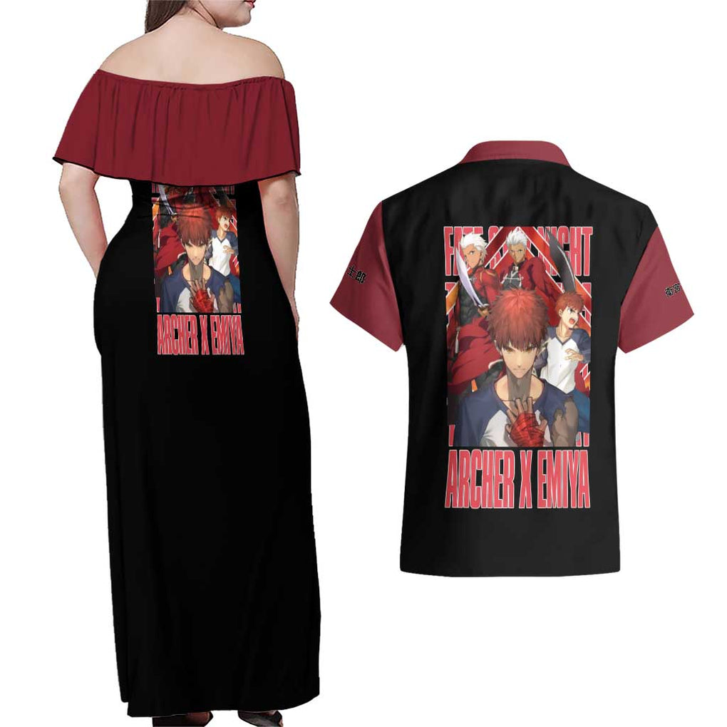 Archer x Emiya Fate Stay Night Unlimited Blade Works Couples Matching Off Shoulder Maxi Dress and Hawaiian Shirt Anime Style