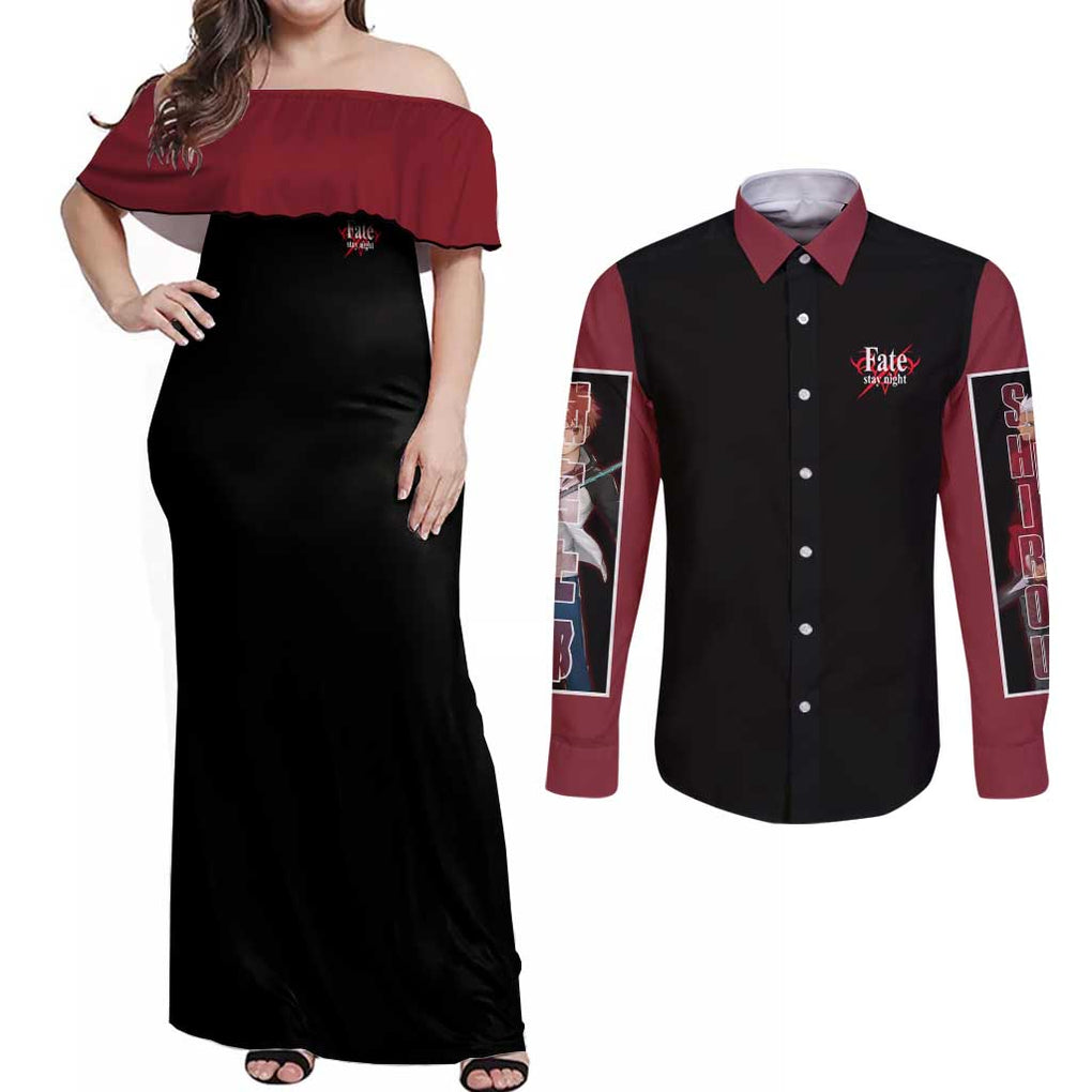 Archer x Emiya Fate Stay Night Unlimited Blade Works Couples Matching Off Shoulder Maxi Dress and Long Sleeve Button Shirt Anime Style