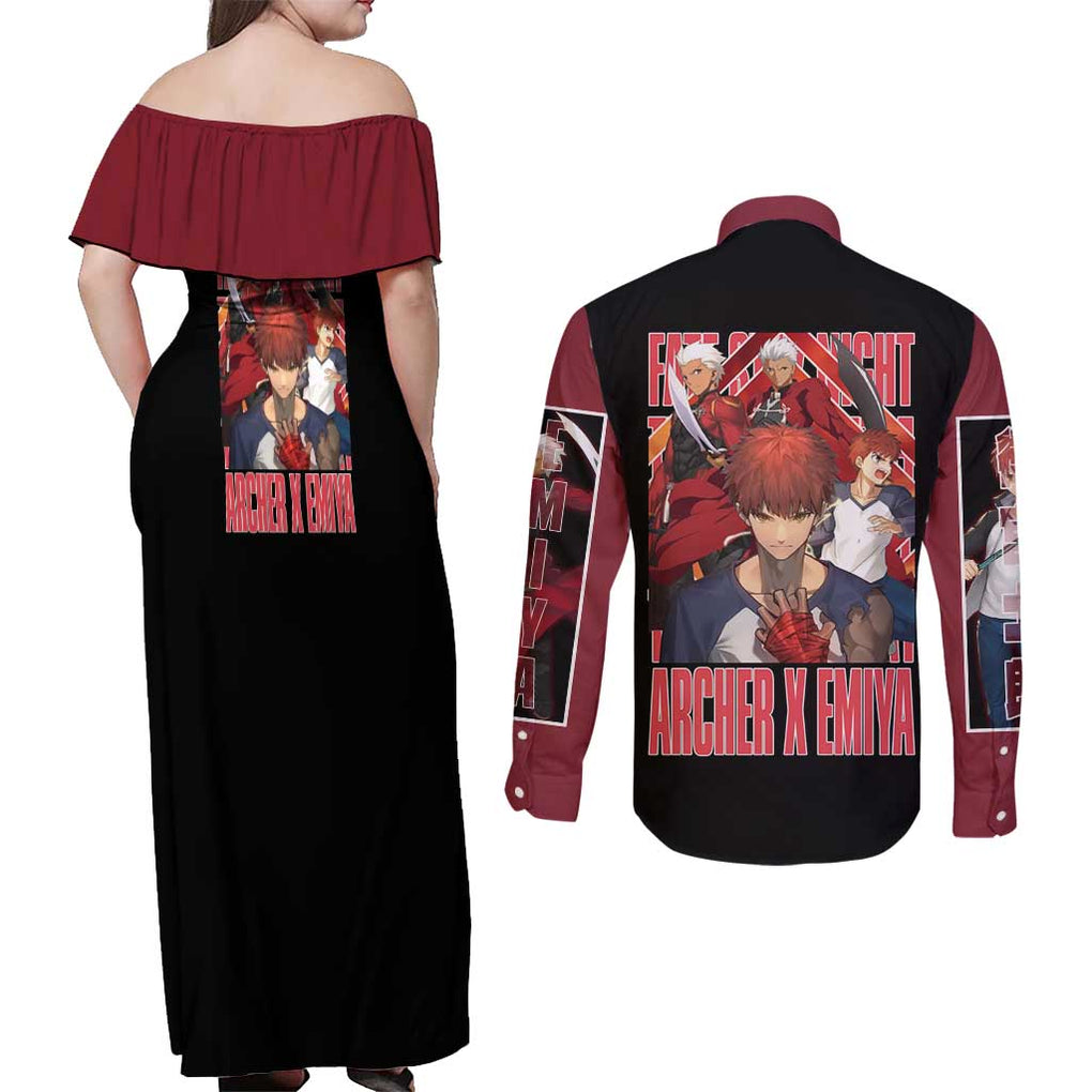 Archer x Emiya Fate Stay Night Unlimited Blade Works Couples Matching Off Shoulder Maxi Dress and Long Sleeve Button Shirt Anime Style