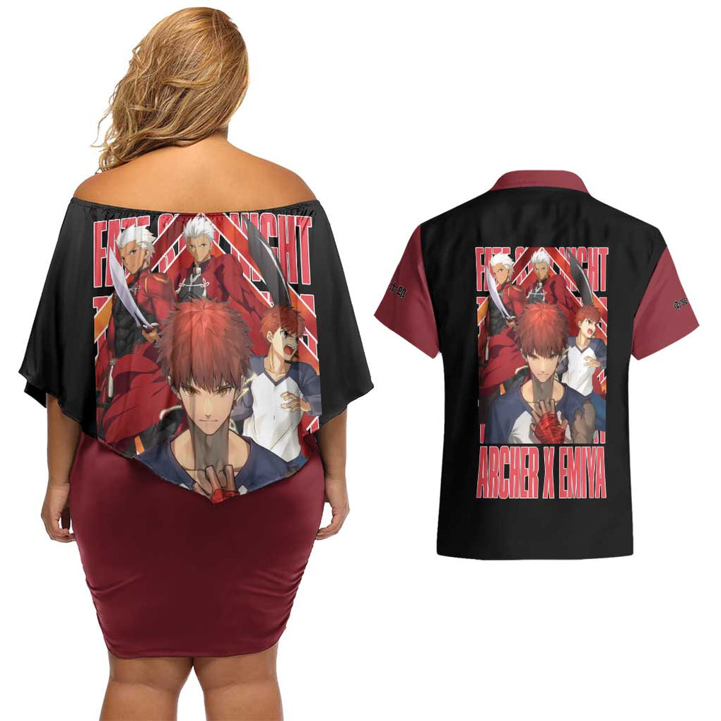 Archer x Emiya Fate Stay Night Unlimited Blade Works Couples Matching Off Shoulder Short Dress and Hawaiian Shirt Anime Style