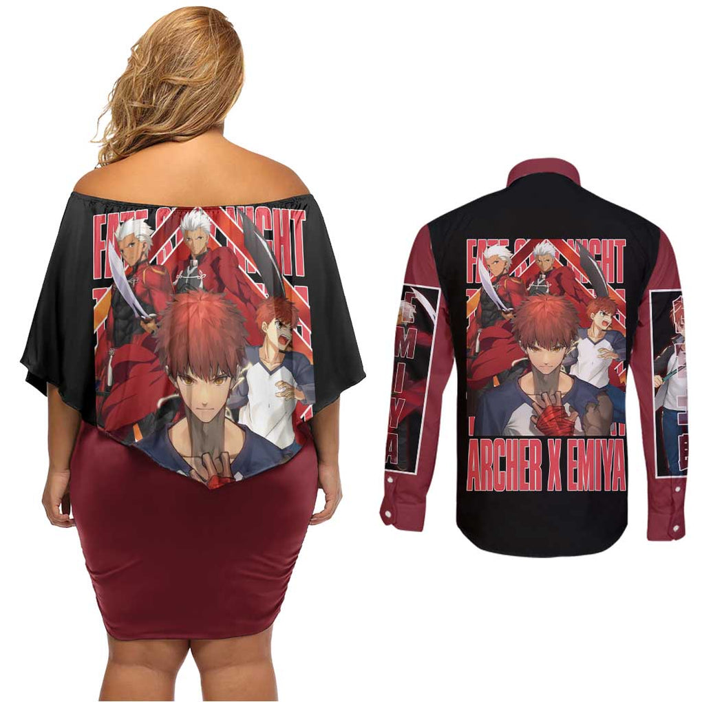 Archer x Emiya Fate Stay Night Unlimited Blade Works Couples Matching Off Shoulder Short Dress and Long Sleeve Button Shirt Anime Style
