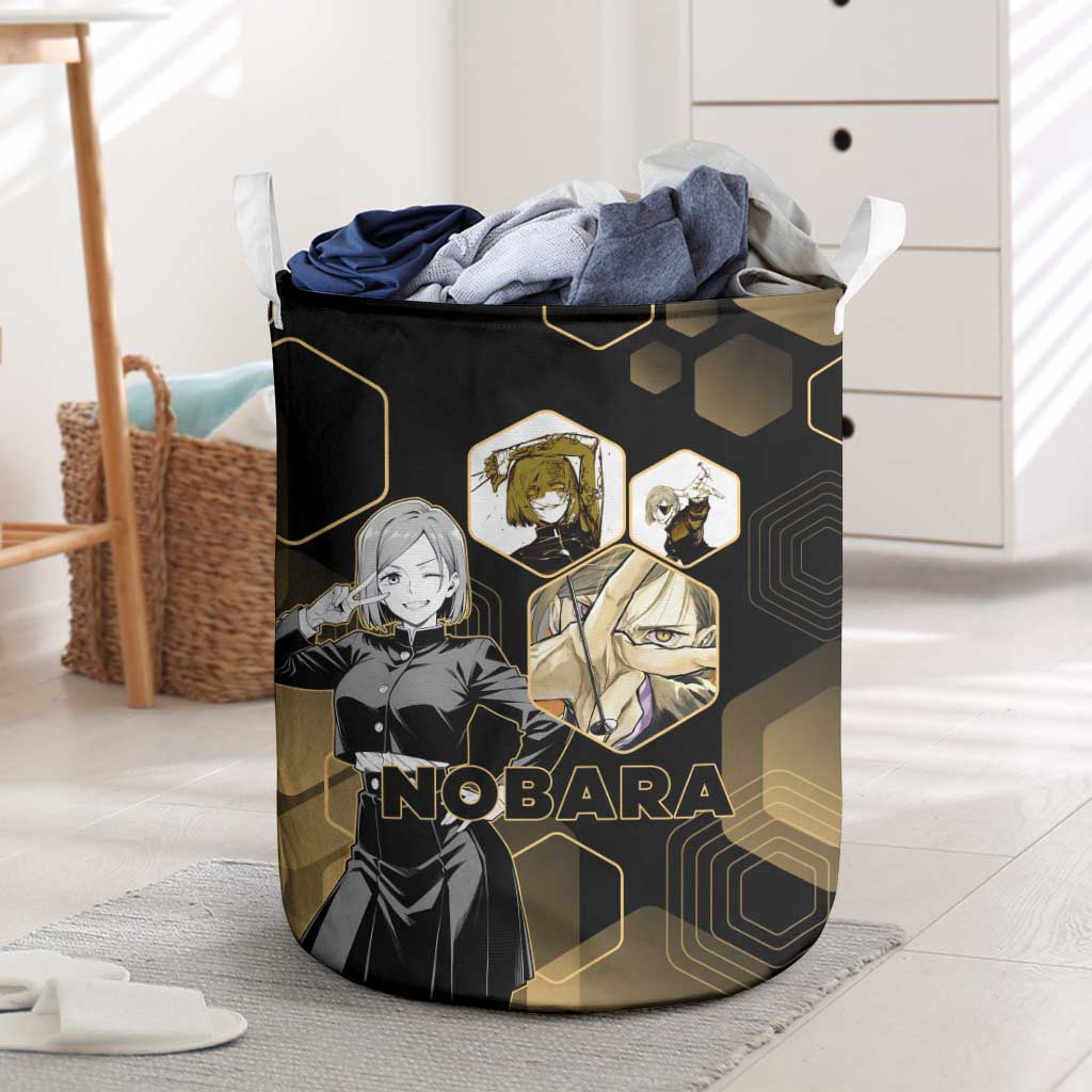 Nobara Kugisaki Jujutsu Kaisen Gold Hexagon Design Laundry Basket with Confident Expressions and Manga Style Art - The Mazicc