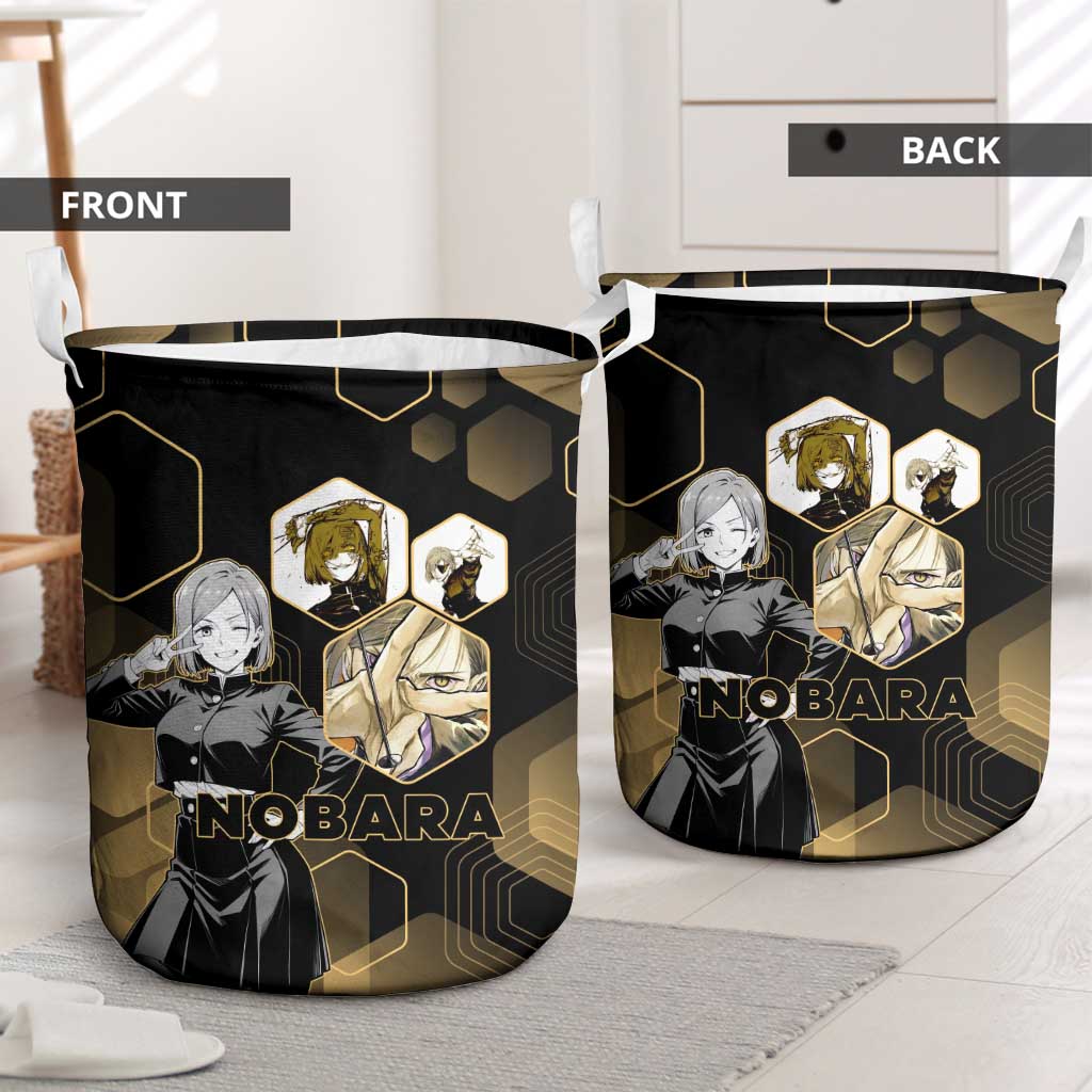 Nobara Kugisaki Jujutsu Kaisen Gold Hexagon Design Laundry Basket with Confident Expressions and Manga Style Art - The Mazicc