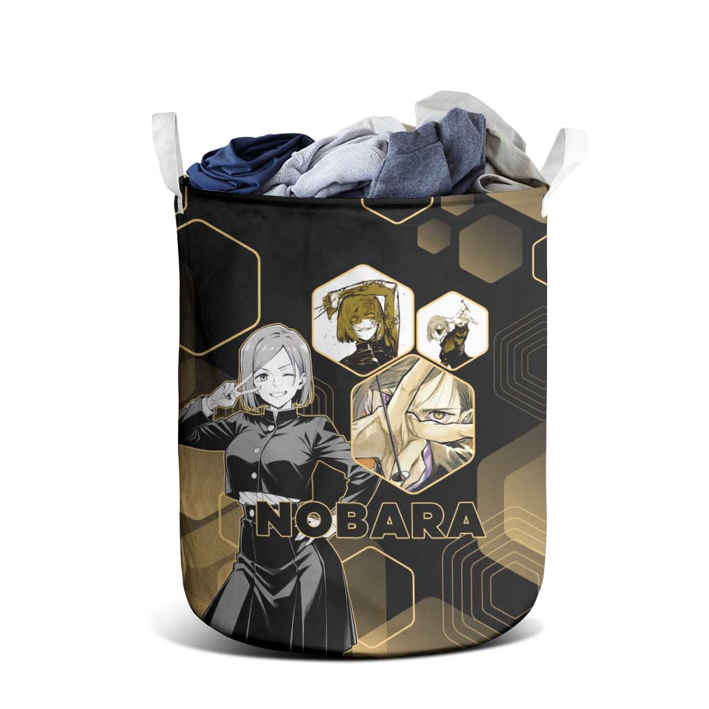 Nobara Kugisaki Jujutsu Kaisen Gold Hexagon Design Laundry Basket with Confident Expressions and Manga Style Art - The Mazicc