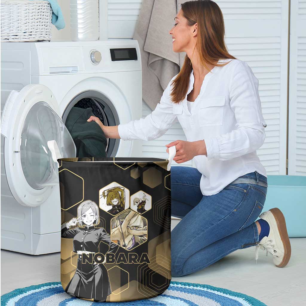 Nobara Kugisaki Jujutsu Kaisen Gold Hexagon Design Laundry Basket with Confident Expressions and Manga Style Art - The Mazicc