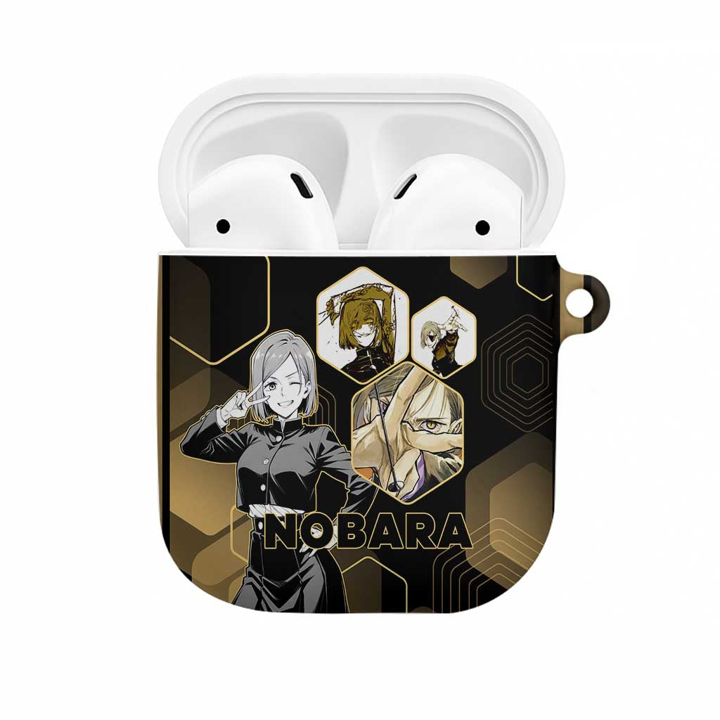Nobara Kugisaki Jujutsu Kaisen Gold Hexagon Design AirPods Case with Confident Expressions and Manga Style Art - The Mazicc