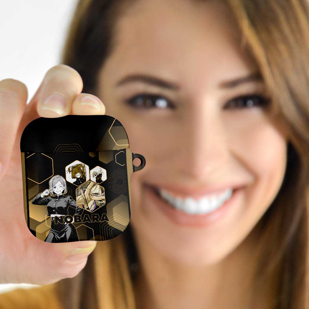 Nobara Kugisaki Jujutsu Kaisen Gold Hexagon Design AirPods Case with Confident Expressions and Manga Style Art - The Mazicc