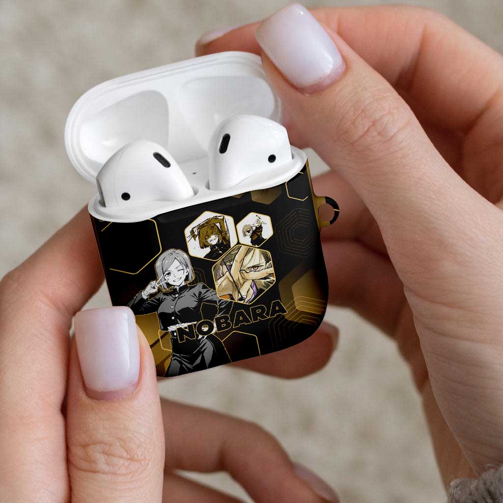 Nobara Kugisaki Jujutsu Kaisen Gold Hexagon Design AirPods Case with Confident Expressions and Manga Style Art - The Mazicc