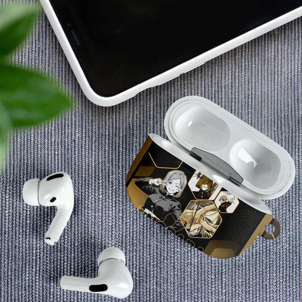 Nobara Kugisaki Jujutsu Kaisen Gold Hexagon Design AirPods Case with Confident Expressions and Manga Style Art - The Mazicc